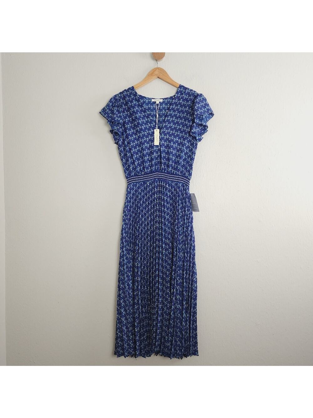 Max Studio Blue Floral Pleated Midi Dress NWT Flutter Sleeve V-Neck Crepe Small